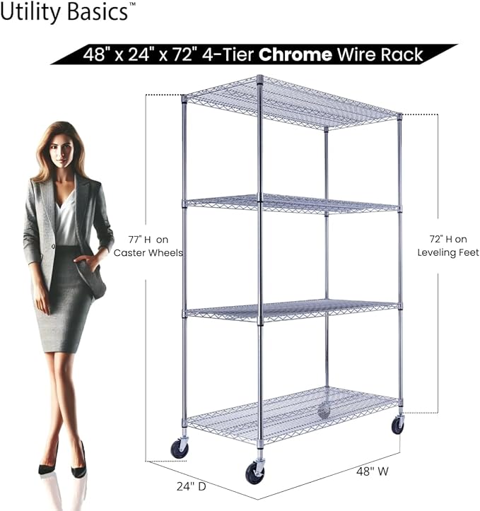 48"x24"x72" Chrome Premium Metal Steel Wire Shelving 4-Tier NSF 3200 LBS MAX Capacity Heavy Duty Storage Rack for Garages, Commercial Spaces, Hospitals, & Schools w/Premium Wheels-Ruum Studio Home