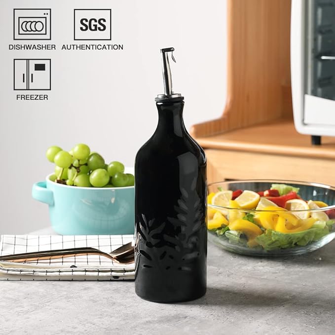 Sweejar Ceramic Olive Oil Dispenser Bottle, 20 Oz Relief Opaque Oil Cruet Protects Oil To Reduce Oxidation, Suitable for Storage Oil, Vinegar, Soy Sauce, Coffee Syrup, Liquids, Set of 1 (Black)-Ruum Studio Home