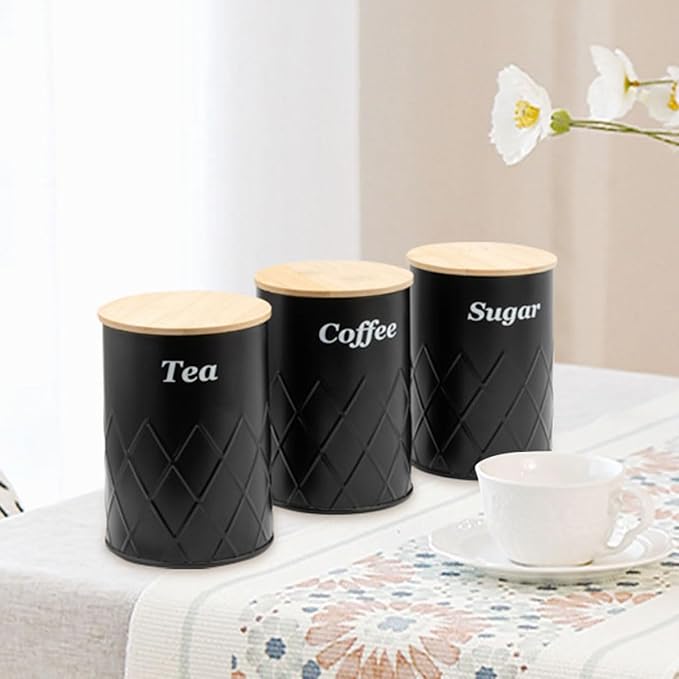 Black Canister Sets for Kitchen Counter,Tea coffee canisters,sugar container,3 Canisters,900ML/30.43OZ-Ruum Studio Home