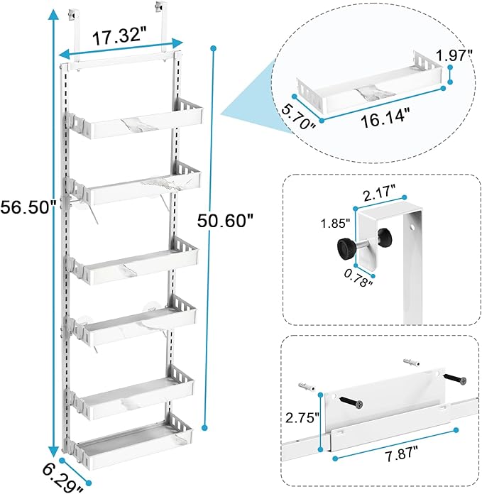 bukfen Over the Door Pantry Organizer, 6-Tier Adjustable Basket Kitchen Pantry Door Organization and Storage, Heavy-Duty Metal Hanging Kitchen Spice Rack,D6.3 x W17.32 x H50.60 inch,White Marble Color-Ruum Studio Home