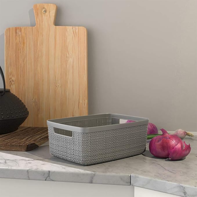 Curver Jute Decorative Plastic Organization and Storage Basket Perfect Bins for Home Office, Closet Shelves, Kitchen Pantry and All Bedroom Essentials, Small, Grey, Set of 8-Ruum Studio Home