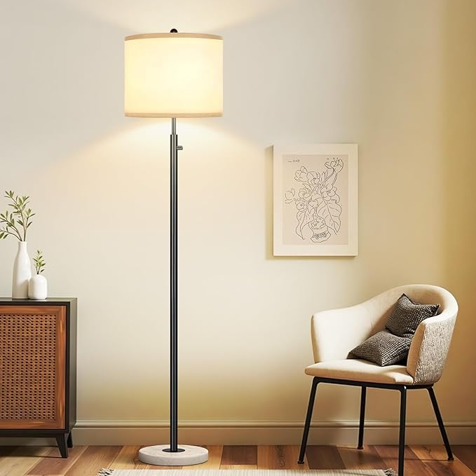 Nintiue Dimmable Floor Lamp for Living Room, 11W LED Bulb Included, Modern Standing Lamp with Marble Base, Tall Pole Light with White Linen Shade for Bedroom Reading Office Corner Nursery-Black-Ruum Studio Home