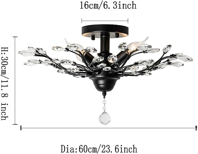 Ganeed Crystal Chandeliers,Vintage K9 Clear LED Ceiling Lighting,Edison Pendant Light Flush Mounted Fixture with 4 Light for Living Room Dinning Room Restaurant Porch Hallway (Black)-Ruum Studio Home
