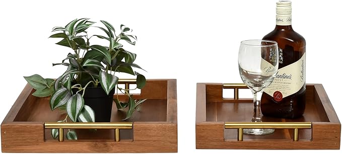 Set of 2 Acacia Wood Serving Trays with Gold Metal Handles for Food Serving, Appetizers & Snacks - Ideal for Bed, TV, Ottoman or Coffee Table Décor, Home Decoration Accessory 15.75x11.8 Inch-Ruum Studio Home