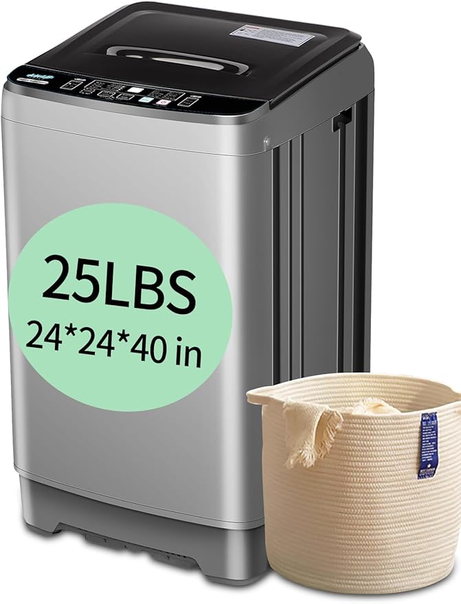 25 lbs Full Automatic Washing Machine with LED Display Compact Washing Machine with Drain Dump, 10 Wash Programs and 8 Water Levels Ideal for Dorms, Apartments, RV, Grey-Ruum Studio Home
