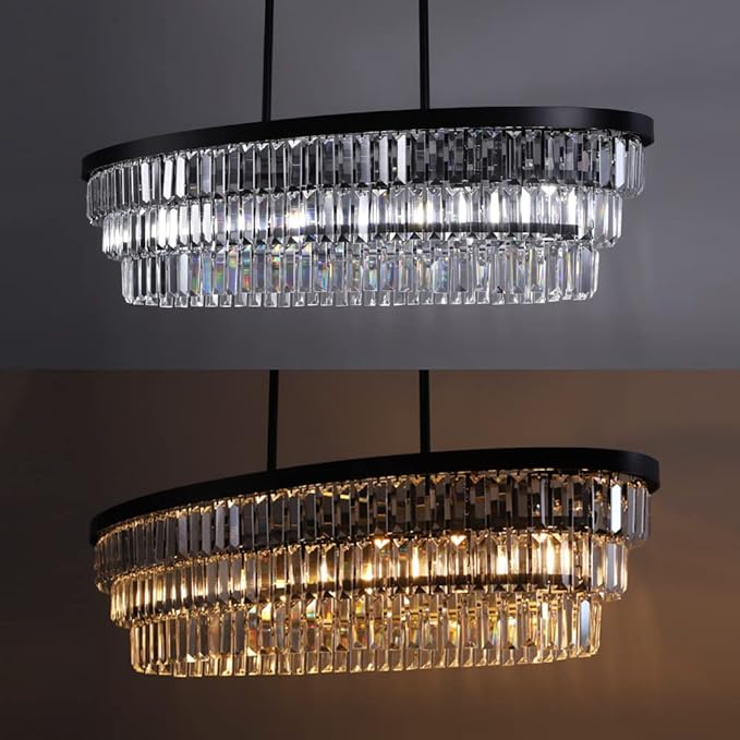 TOCHIC Chandelier 40 inch, Farmhouse Black Crystal Chandelier, Kitchen Island Lighting, Dining Room Light Fixture for High Ceiling, Modern Linear Oval Chandeliers for Living Room, Office Area, Bar-Ruum Studio Home