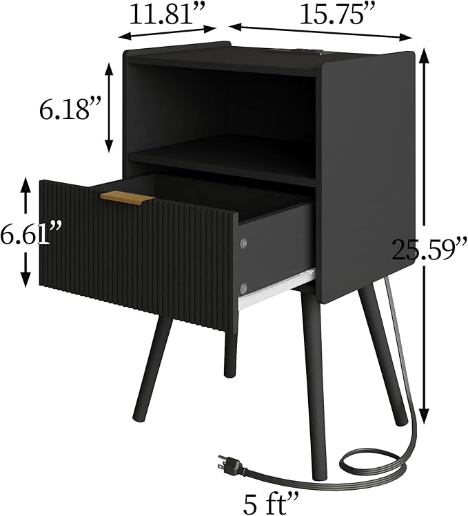 Nightstand,Modern Bedside Table with Storage Drawer and Open Wood Shelf, Accent Night Stand with Solid Wood Legs for Living Room, Bedroom and Small Spaces,Easy Assembly (Black-Outlet)-Ruum Studio Home