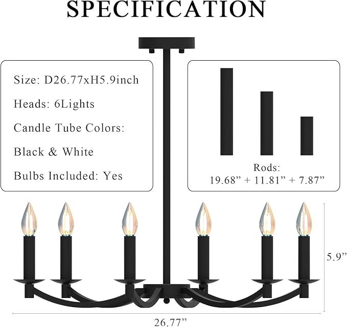 Modern Black Chandelier, Round LED Ceiling Hanging Lamp, Farmhouse Candle Pendant Light Fixtures for Bedroom Living Room Dining Room Kitchen Island (Black-A 6Lights)-Ruum Studio Home