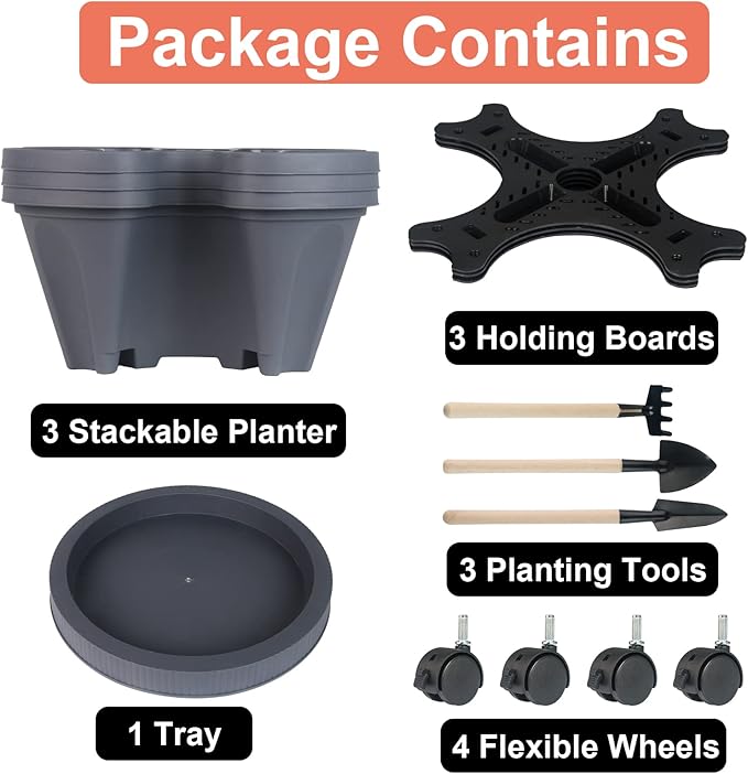 Vertical Planter 3 Tier Stackable Planters Garden Planters Strawberry Herb Flower and Vegetable Planter Indoor Outdoor Gardening Pots with Removable Wheels and Tools-Ruum Studio Home