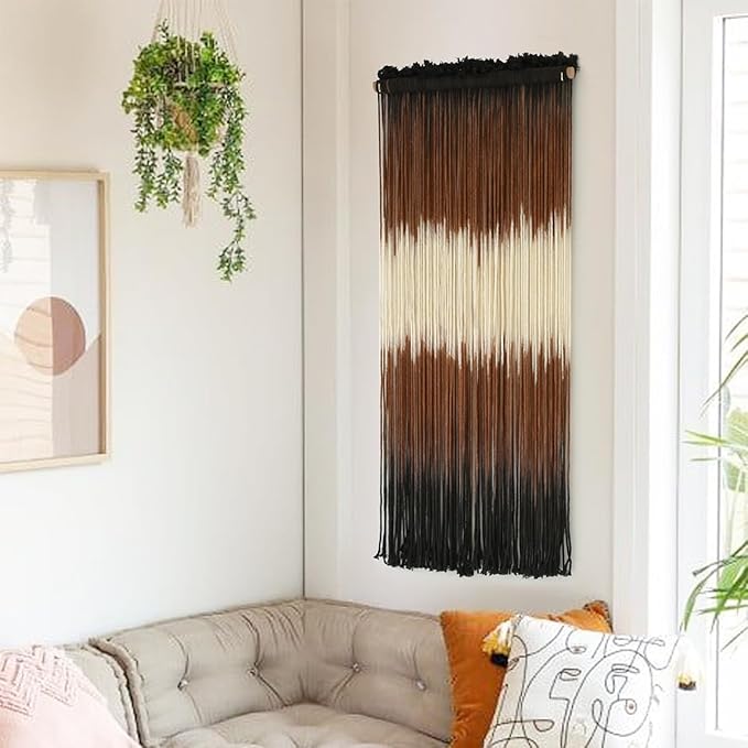 Macrame Wall Hanging Brown Boho Hand Woven Tassel Yarn Tapestry Wall Art for Living Room Bedroom Fiber Art 15''W*43''L-Ruum Studio Home