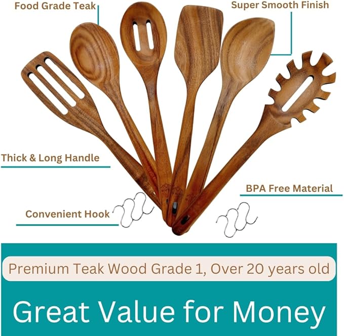 Wooden Utensils for Cooking, Premium Teak Healthy Spoons, Wooden Spoons for Cooking, Durable Eco-Friendly and Safe Teak Cooking Spoon, Cooking Gifts for Mom (set of 6) and Hooks-Ruum Studio Home