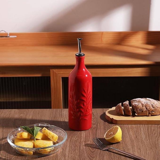 Sweejar Large Ceramic Olive Oil Dispenser Bottle, 24 Oz Relief Opaque Oil Cruet Protects Oil To Reduce Oxidation, Storage Vinegar, Soy Sauce, Coffee Syrup, Liquids, Set of 1 (Red)-Ruum Studio Home