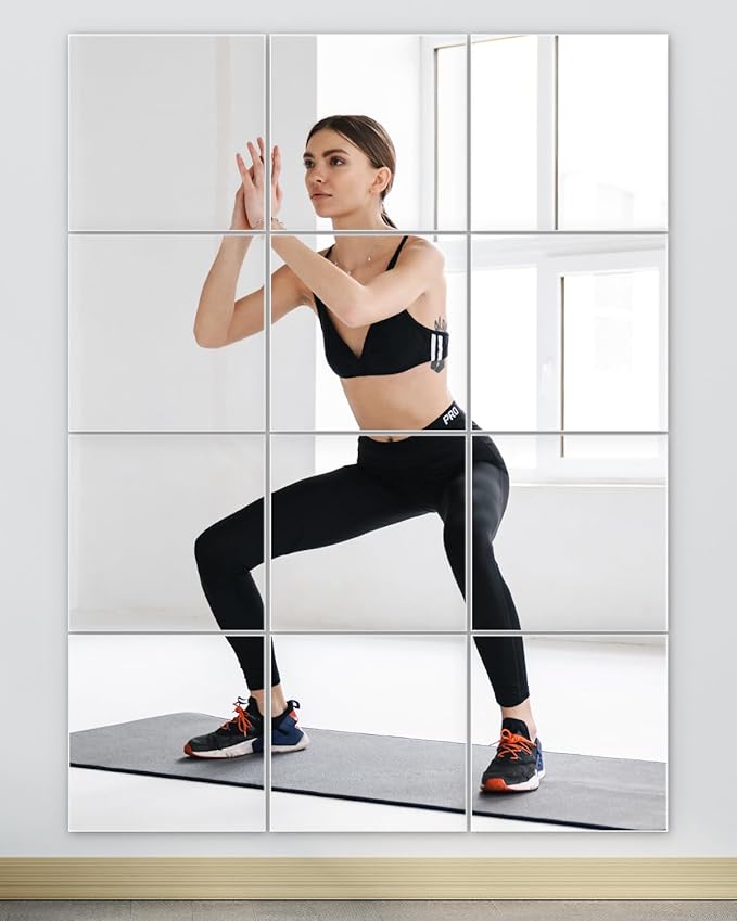 Home Gym Mirrors 12 Inch x 12Pcs Full Length Mirror Tiles Acrylic Unbreakable Wall Mounted Mirror Frameless Full Length for Home Gym, Bedroom, Door-Ruum Studio Home