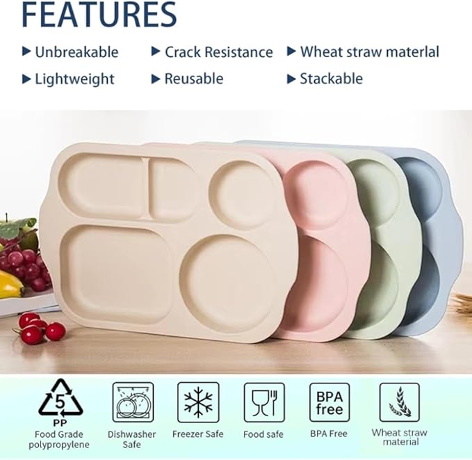 12 Inch Divided Plates4 PCS - Reusable Unbreakable Wheat Straw Plates, Dinnerware Lunch Tray Plates Tableware for Kitchen, Picky Eaters, Campers and Portion Control (Blush)-Ruum Studio Home