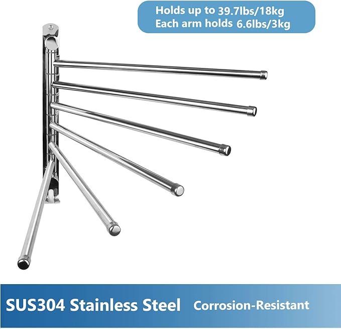 Towel Rack Wall Mounted JSVER Bathroom Towel Rack, Space Saving Towel Holder, Swivel SUS304 Stainless Steel Towel Bar, 180° Rotation 6 Arms Towel Racks for Bathroom-Ruum Studio Home