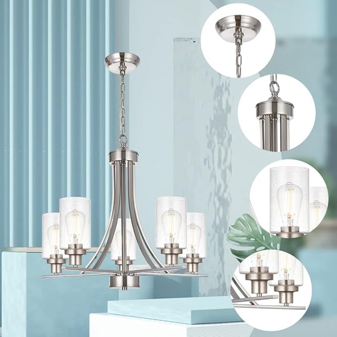 BONLICHT 5 Lights Traditional Chandelier Brushed Nickel Kitchen Island Dining Room Lighting Fixtures Hanging Seeded Glass Pendant Light Modern Flush Mount Ceiling Light for Living Room Bedroom Foyer-Ruum Studio Home