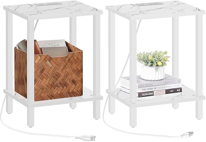 TUTOTAK End Table with Charging Station, Set of 2, Small Side Table, Nightstand Bedside Table, 2-Tier Storage Shelf for Small Space, Living Room, Bedroom, Marble White TB01BMW041-Ruum Studio Home