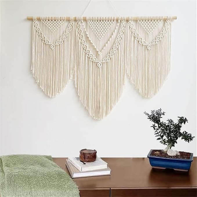 large macrame wall hanging - Boho Tapestry Macrame Wall Decor Art- Chic Bohemian Handmade Woven Tapestry Home Decoration for Bedroom Living Room Apartment Wedding Party - 43"x32" (Beige-Triangle)-Ruum Studio Home