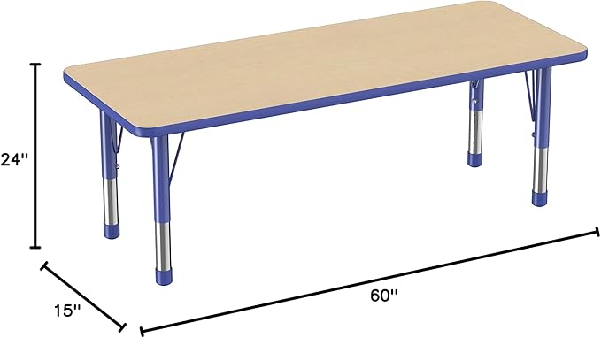 Factory Direct Partners FDP Rectangle Activity School and Classroom Kids Table (24 x 60 inch), Chunky Toddler Legs, Adjustable Height 15-24 inches - Maple Top and Blue Edge-Ruum Studio Home