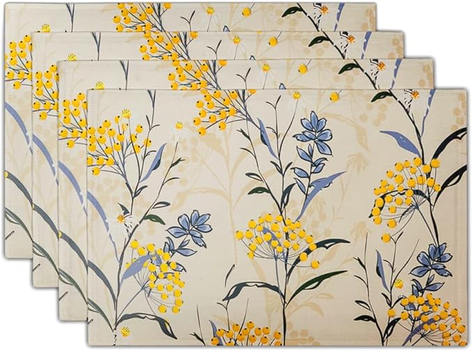 Floral Placemats Set of 4 Vintage Floral Summer Flowers Yellow Placemats for Kitchen Table Linen Placemats Washable Non-Slip Heat Resistant Place Mats for Party Kitchen Dining Decorations 18x12 Inch-Ruum Studio Home