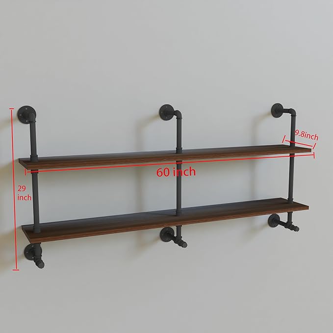 Industrial Pipe Wall Shelves Pipe Shelving with Real Wood Plank ,60 Inches Floating Shelves for Wall Farmhouse Pipe Book Shelves Dark Brown 2 Tier for Kitchen,Living Room Decor and Bar Shelving-Ruum Studio Home