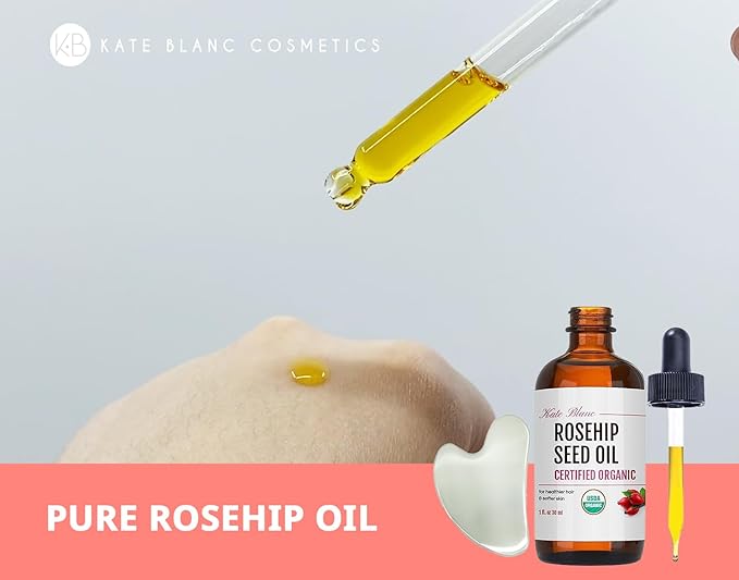 Kate Blanc Cosmetics Rosehip Oil for Face with Stainless Gua Sha (1oz, Organic, Pure, Cold Pressed) Rosehip Seed Face Oil for Gua Sha Massage-Ruum Studio Home