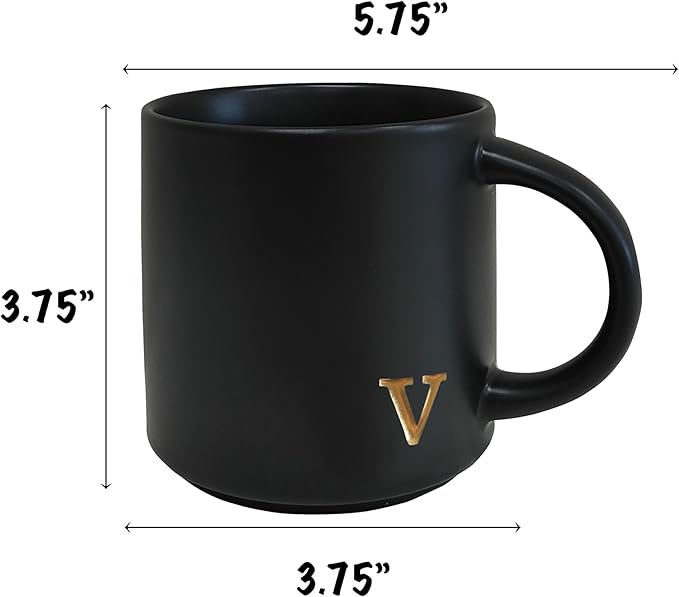 COLLECTIVE HOME - Black Monogram Ceramic Mugs, 15 oz Golden Initial Coffee Cups, Elegant Alphabet Tea Mugs, Personalized Halloween Mug with Gift Box, Perfect for Office and Home Décor (v)-Ruum Studio Home