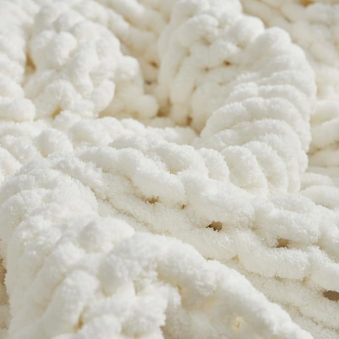 Amélie Home Chunky Knit Throw Blanket for Couch, Soft Chenille Crochet Blanket for Sofa, 50"x60", Ivory-Ruum Studio Home