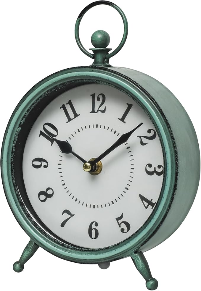 Vintage Small Rustic Green Table Clock on Stand - Decorative Desk and Shelf Clock, Battery Operated, Silent Non-Ticking Timepiece Perfect for Office, Living Room, and Bedroom Decor-Ruum Studio Home