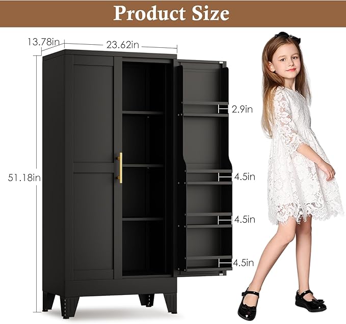 51" Metal Kitchen Pantry Cabinet, Storage Cabinets with 2 Door and 3 Adjustable Shelves, Black Freestanding Food Storage Cabinet, Steel Cupboard for Kitchen Dinning Room-Ruum Studio Home