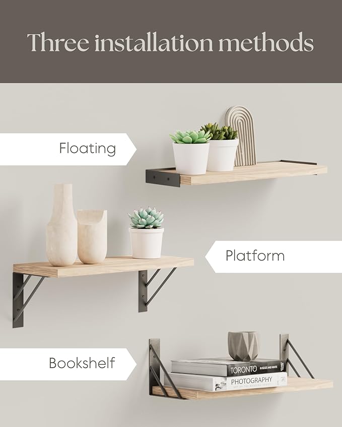 BAYKA Wall Shelves for Bedroom Decor, Floating Wall Shelves for Living Room Kitchen Storage, Wall Mounted Rustic Wood Floating Shelves for Kids Books, Corner Shelves for Bathroom(Brown，Set of 3)-Ruum Studio Home