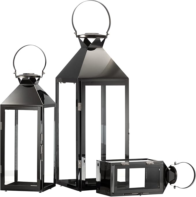 MATICO Stainless Decorative Pinnacle Candle Lantern Set of 3, Hanging Decor Hurricane Lantern Candle Holder for Festival Ceremony Home Decor, Both Indoor & Outdoor Use, Black-Ruum Studio Home