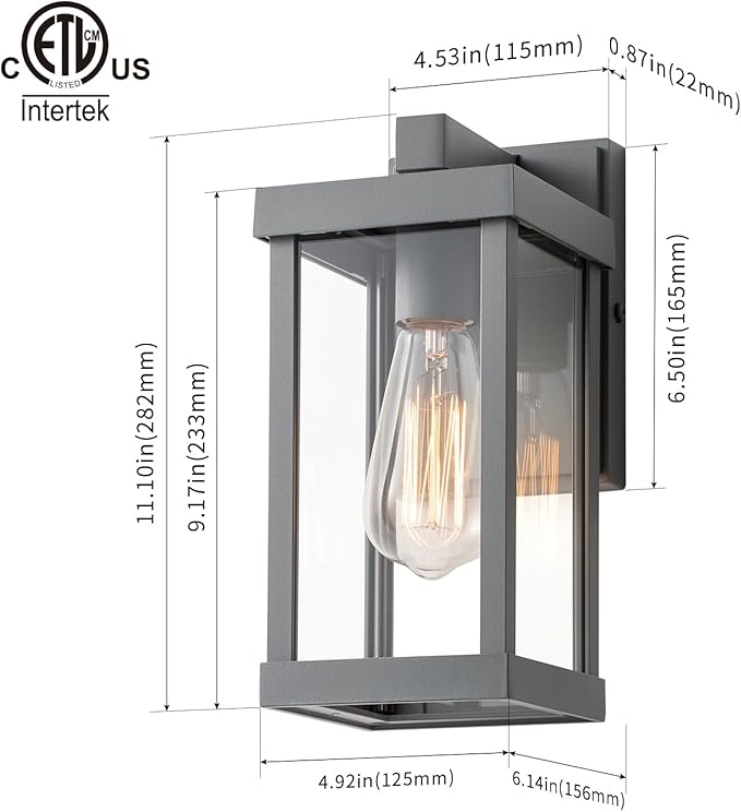 mirrea 11" Classic Outdoor Wall Sconce 1 Light in Matte Gray Rectangular Metal Frame and Clear Glass Shade Waterproof Porch Light Patio Light Pack of 2-Ruum Studio Home