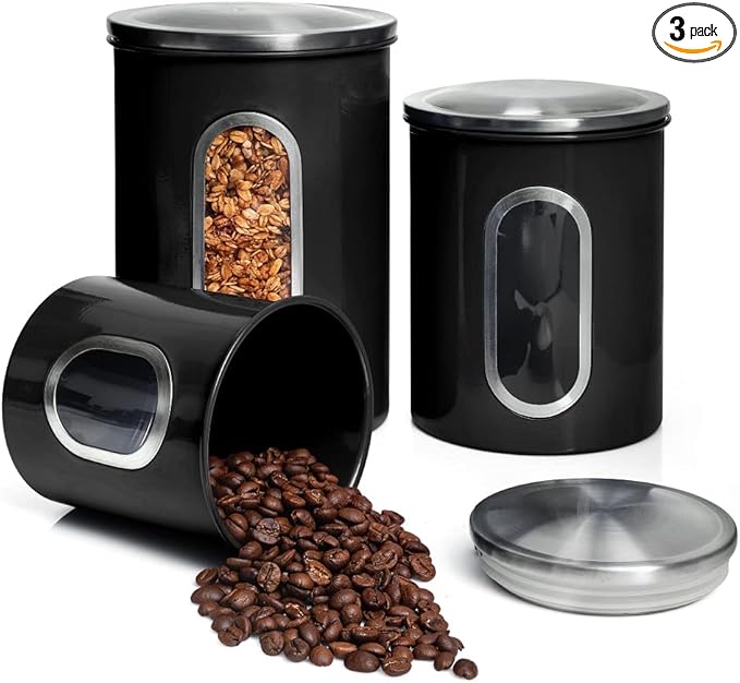 Moss & Stone 3-Piece Black Canisters Sets For The Kitchen, Airtight Canister Set With See Through Window, Storage Jars for Coffee Container, Tea Organizer & Sugar Canister, Black Kitchen Canisters-Ruum Studio Home