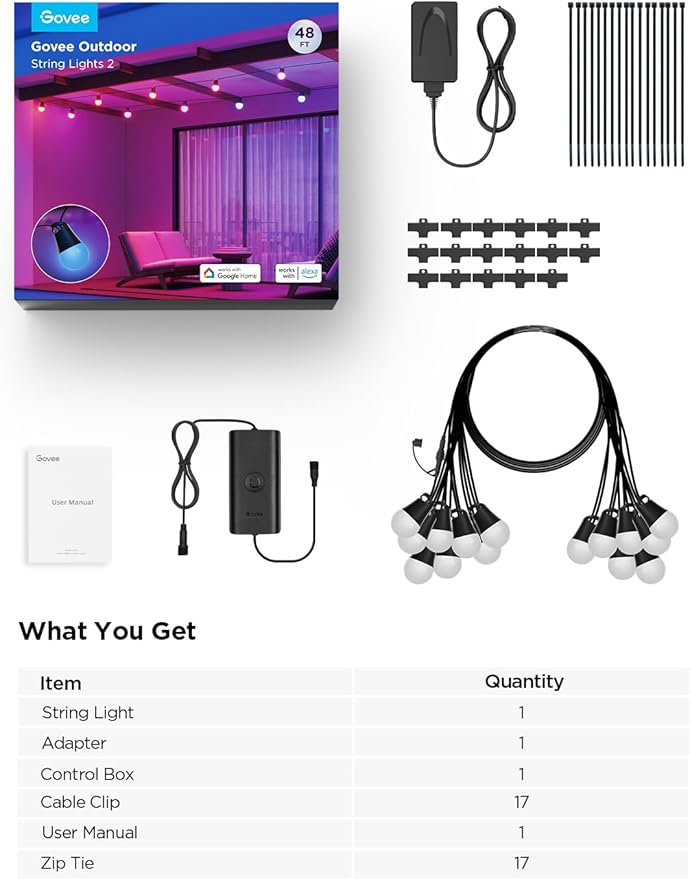 Govee Smart Outdoor String Lights 2, 48ft Outdoor Lights with Dimmable Warm White LED Bulbs, 47 Scene Modes for Patio, Backyard, Balcony, IP65 Waterproof, Works with Alexa, App Control-Ruum Studio Home