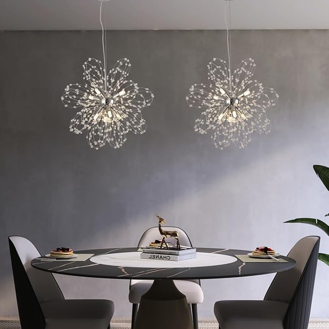 Modern Small Chandeliers, Sputnik Sunflower Crystal Beaded Hanging Lamps, Round Chrome Dandelion Pendant Light for Kitchen Island Bathroom Bedroom Entryway (Chrome 8Lights)-Ruum Studio Home