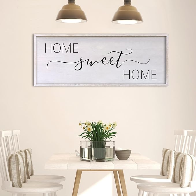 Home Sweet Home Sign Wall Decor 40"x15" Above Bed Living Room Large Wooden Framed Family Plaques Art (White)-Ruum Studio Home