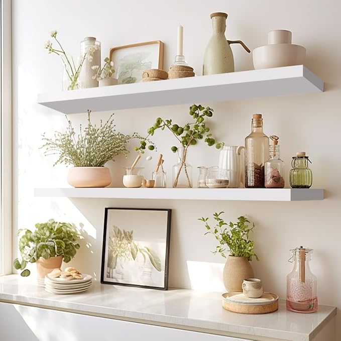 LaVie Home Floating Shelves, 36 Inch Wall Shelf Set of 2, Hanging Shelf with Invisible Brackets, Wall Decor for Bathroom, Bedroom, Living Room, Kitchen Storage, Modern White-Ruum Studio Home