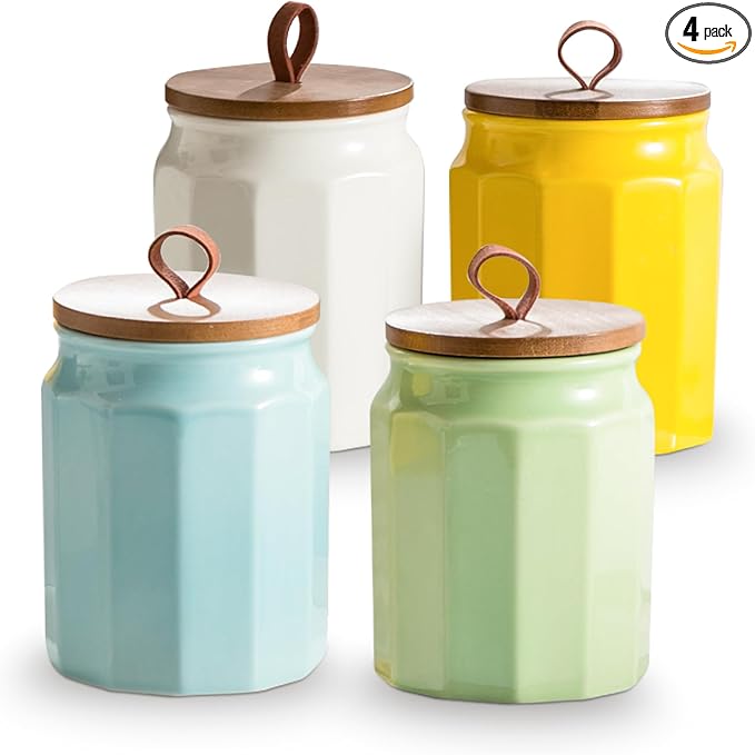 Canister Sets for Kitchen, Kitchen Canisters for Countertop with Airtight Wood Lid, Ceramic Food Storage Containers and Sugar Container for Coffee, Flour, Tea, Candy, Cookie, Spice-Ruum Studio Home