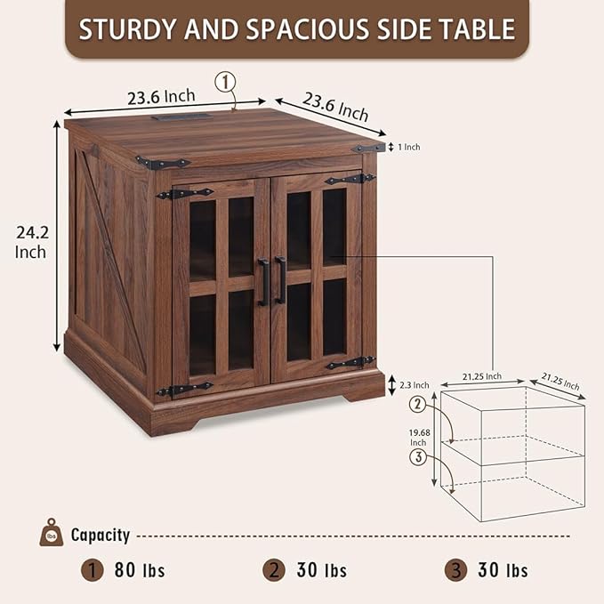 Farmhouse End Table with Charging Station,24" Large Sofa Side Table with Glass Barn Door, Rustic Wood Nightstand Bedside Table with Adjustable Storage Shelf for Living Room, Bedroom, Walnut-Ruum Studio Home