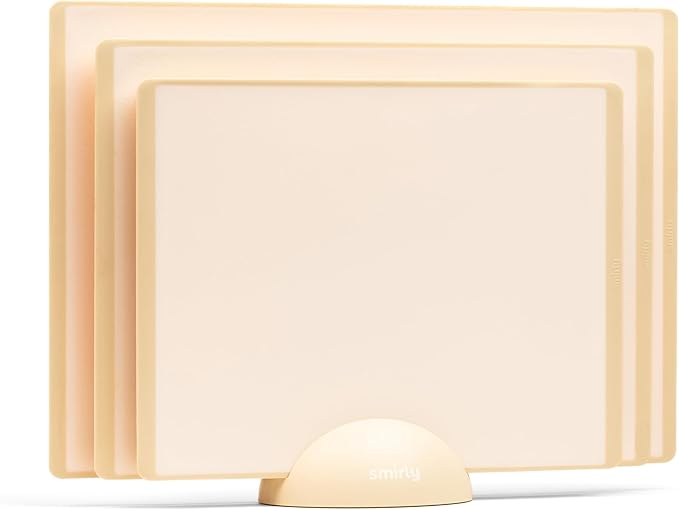 SMIRLY Plastic Cutting Board Set with Holder 3 Pieces, Non-Slip Dishwasher Safe Chopping Boards for Kitchen, Cream White-Ruum Studio Home