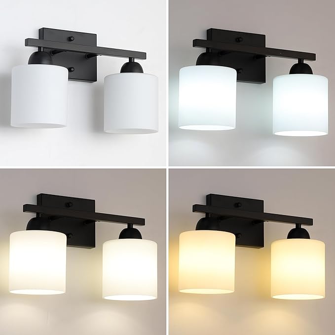 Milk Glass Vanity Lights for Bathroom, 2 Light Matte Black Bathroom Light Fixtures Over Mirror, Ceramic E26 Sockets Wall Mounted-Ruum Studio Home