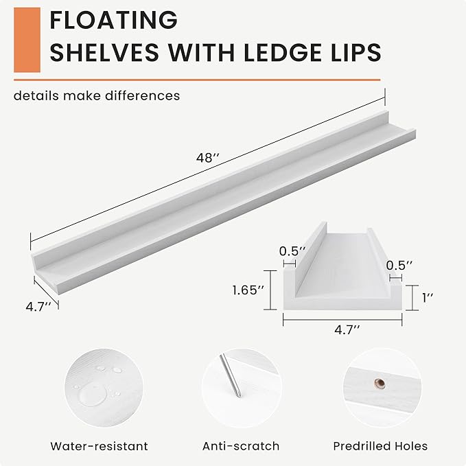 Solid Ash Wood Picture Ledge Shelf, Wood Floating Shelves Set of 2, 48 Inch Long Large Photo Ledge Shelves, Nursery Book Shelves Wall Mounted for Living Room Kids' Bedroom Decor, White-Ruum Studio Home