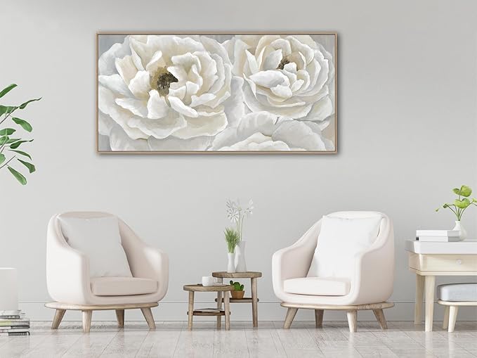 arteWOODS Cream White Flowers Framed Wall Art - Soft Peony Pictures for Wall Decor Elegant Blossom Flower Painting Artwork Botanical Prints for Living Room Home Office Wall Decoration 29" x 58"-Ruum Studio Home