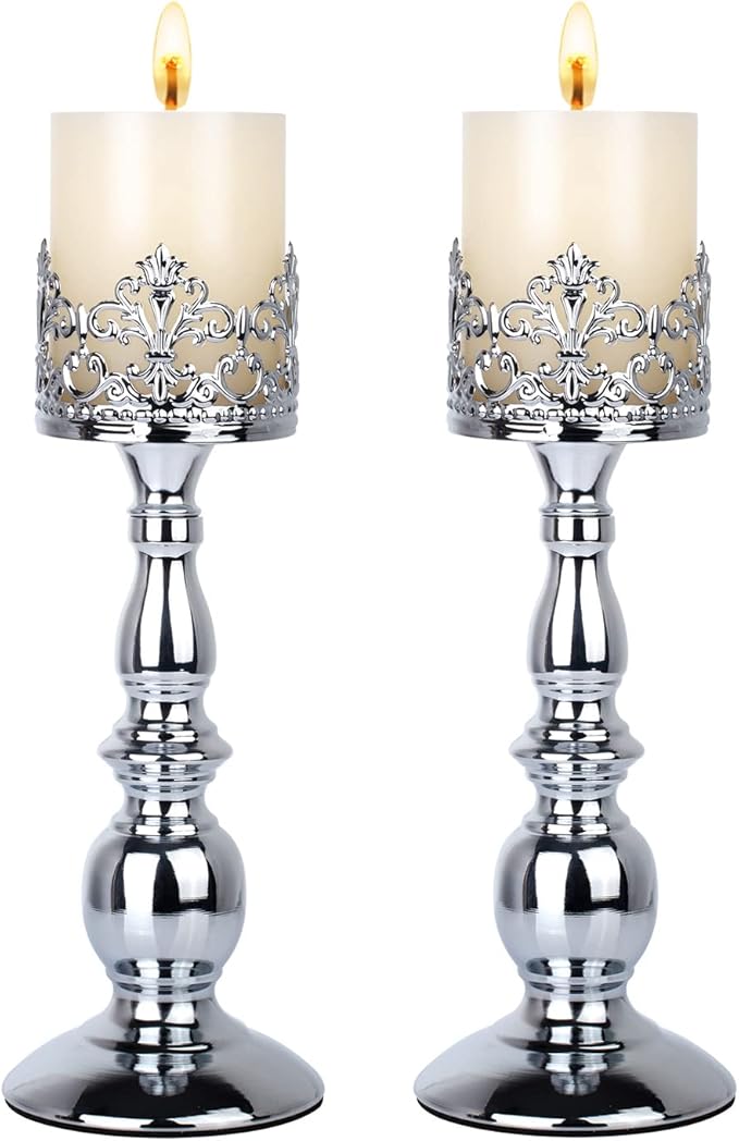 Candle Holders for Pillar Candles Gothic Matte Black Vintage Tall Candle Holders Set of 2 Decorative Large Table Centerpieces Candle Stand Decor (Silver 2PCS A)-Ruum Studio Home