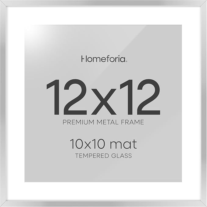 Homeforia 12x12 Silver Frame, High End Metal 12 x 12 Square Picture Frame with Mat 10 x 10 Photo, 12x12 Poster Frames Matted to 10x10 Print, 12 by 12 Hanging Frames, Tempered Glass, Wall Kit, Set of 1-Ruum Studio Home