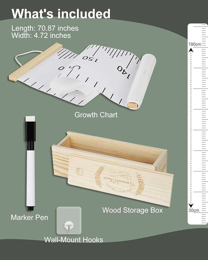 6.5FT Growth Chart for Kids with Wooden Keepsake Box - Children Height Measurement Kit Includes Marker Pen & Wall Hook, Height Tracker Ruler Baby Essentials, Nursery Room Decor Gift for Baby to Teen-Ruum Studio Home