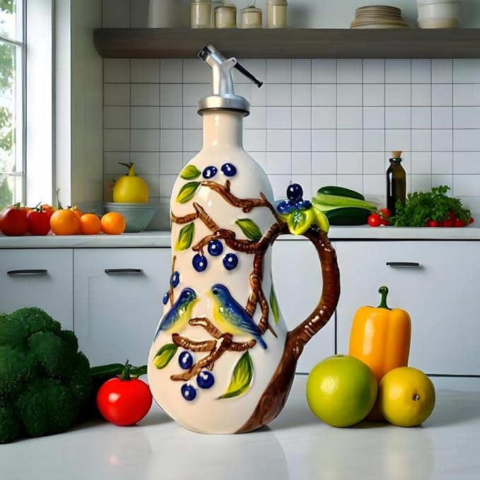 18.26oz/540ml Ceramics Olive Oil Dispenser Bottle,Hand Painted Reliefs Oil Dispenser for Kitchen,Oil Bottles for Kitchen (Blueberry)-Ruum Studio Home