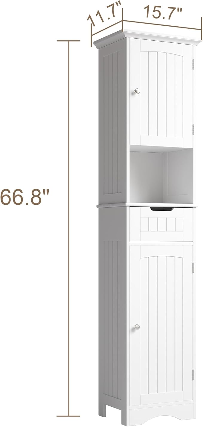 ChooChoo 67" Tall Bathroom Storage Cabinet Freestanding with Adjustable Shelves, Narrow Storage Linen Cabinet with 2 Doors and 1 Drawers for Bathroom, Living Room, Kitchen, White-Ruum Studio Home