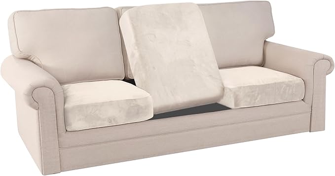 PrinceDeco Stretch Sofa Cushion Covers for Couches and Sofas,Soft Velvet Couch Seat Covers, Sofa Covers Washable, Seat Cushion Cover for 3 Couch Sofa Pet Friendly - Ivory, Each Width Up to 29.5"-Ruum Studio Home